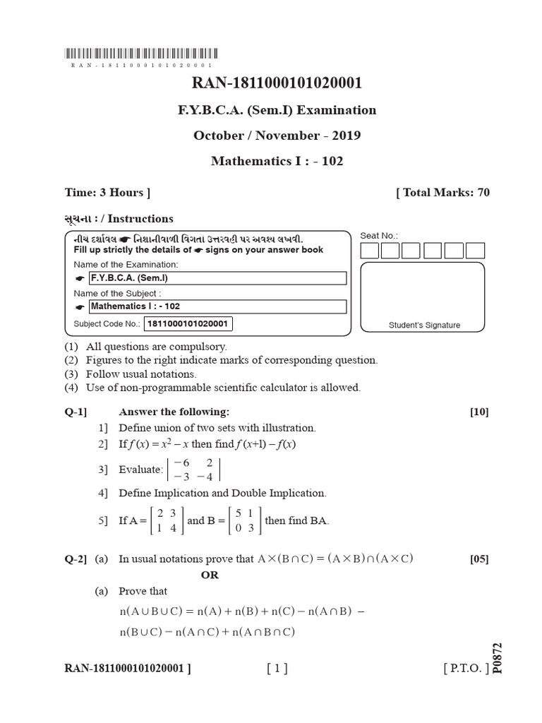 B C A (SEM I) Examination Nove Dece 2019 Mathematics I 102