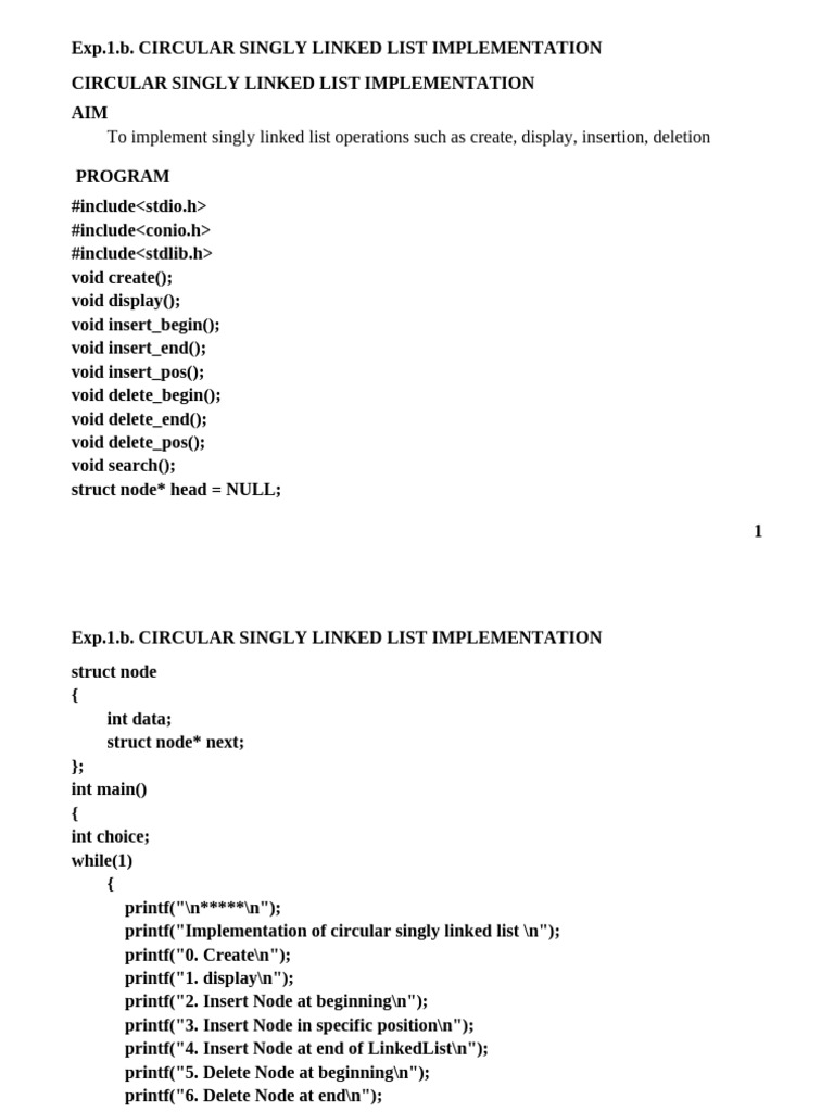 Exp.1.b - Circular Singly Linked List Implementation | PDF | Algorithms ...
