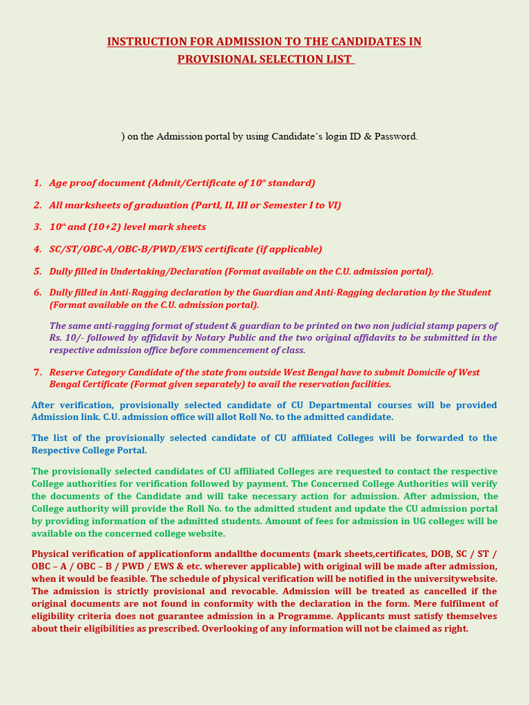 Notice For Candidates in Provisional Selection List For M.SC B.tech ...