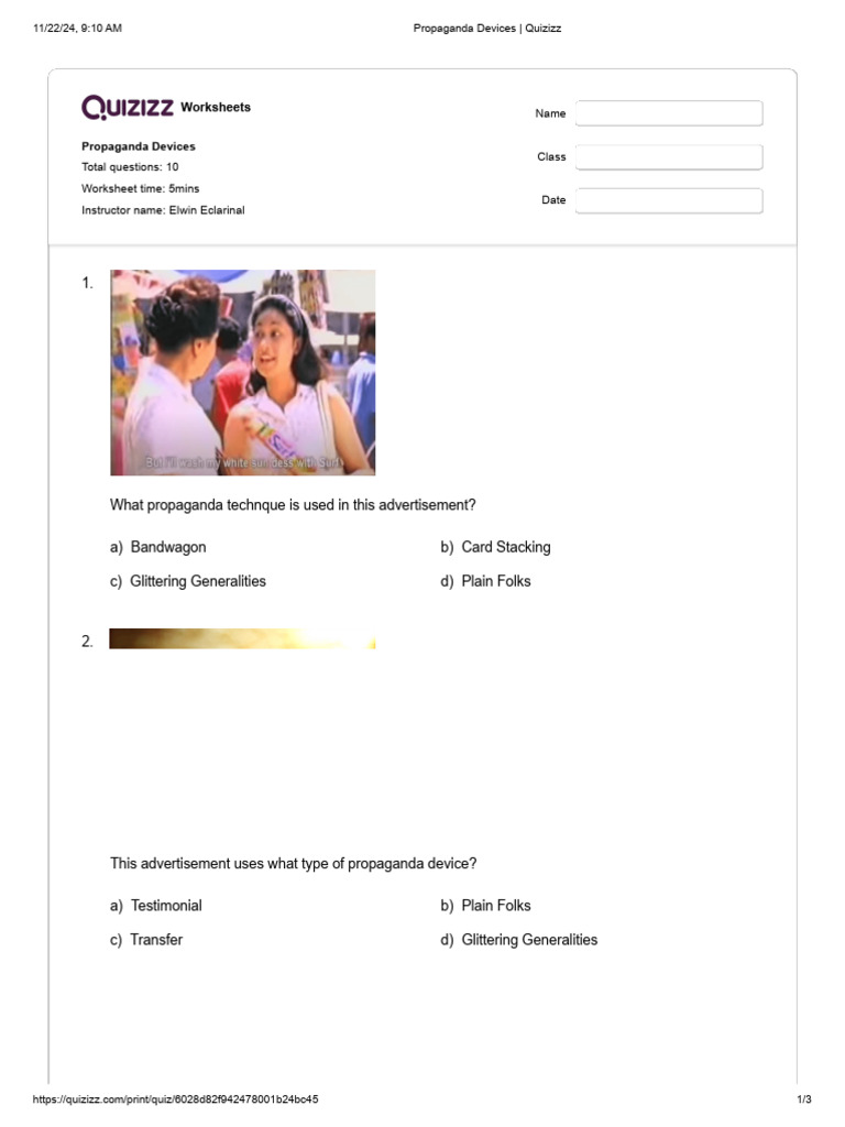 Propaganda Devices Worksheet Quiz | PDF | Propaganda | Advertising