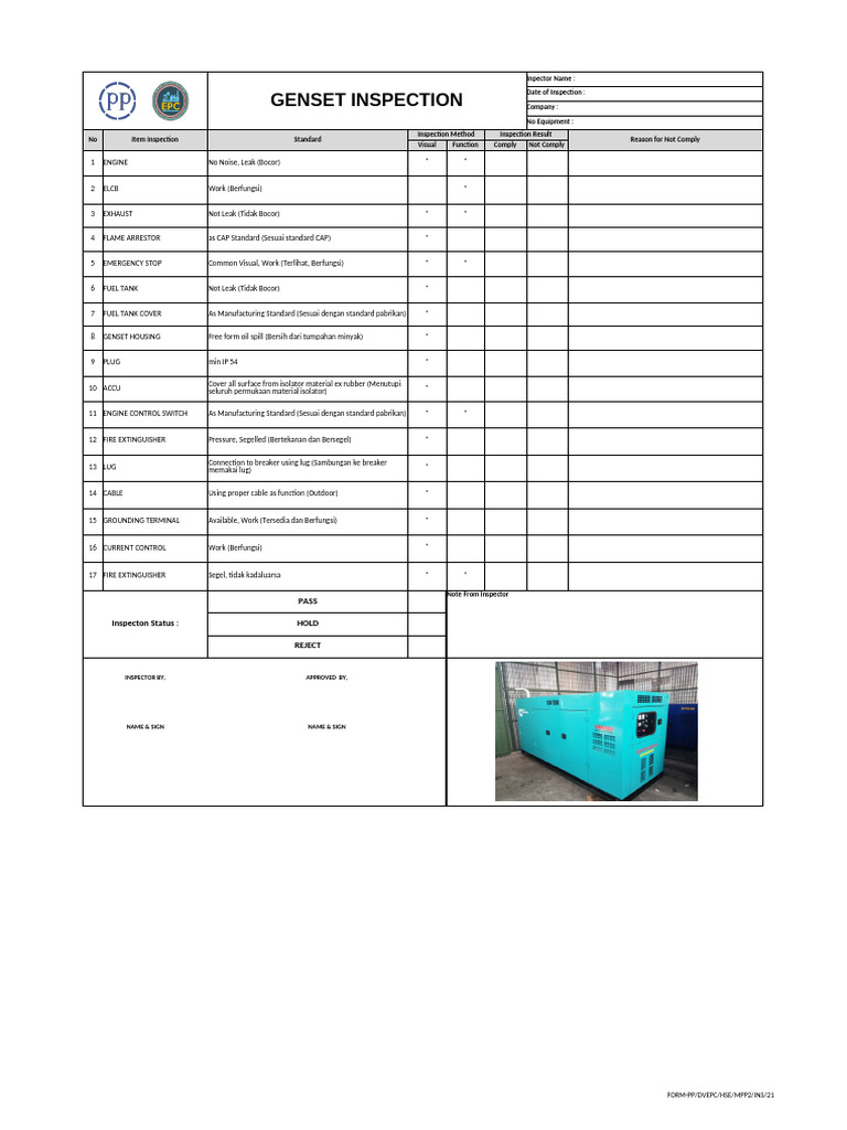 Form INS KOLAKA 21 Inspection Generator Set Generator Set | PDF