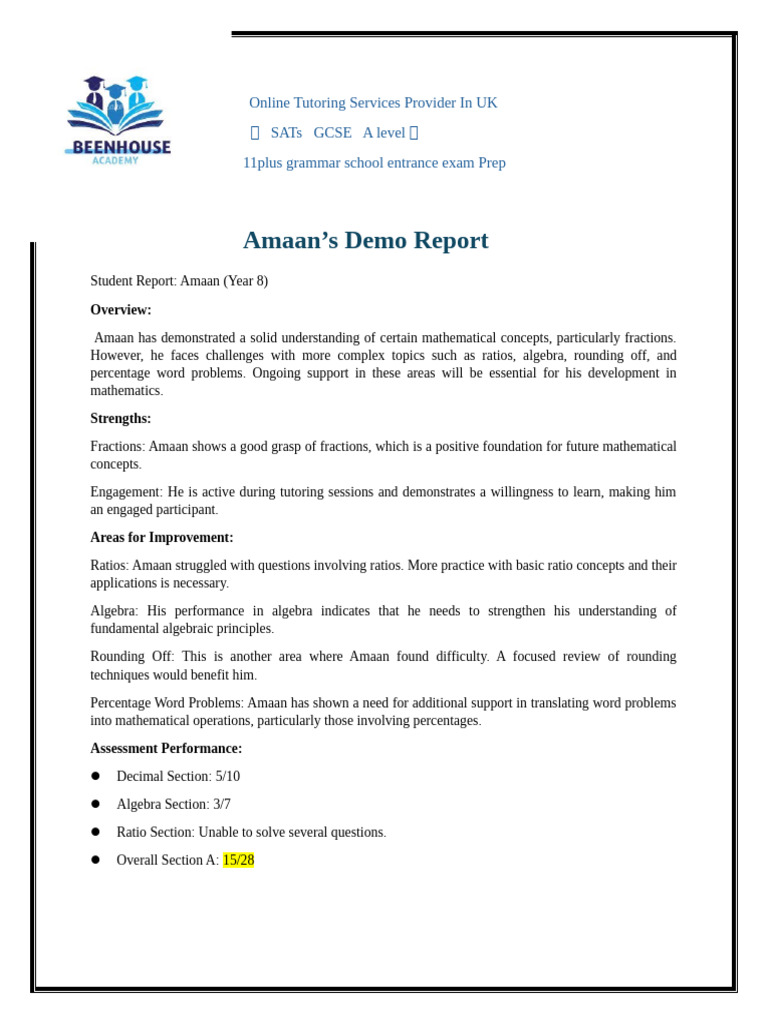 Amaan's Math Tutoring Progress Report | PDF | Career & Growth