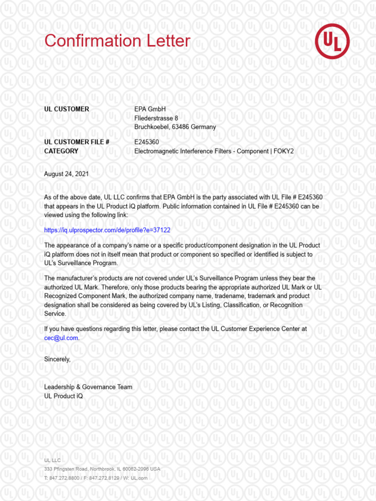 UL Confirmation Letter for EPA GmbH | PDF | Business | Law