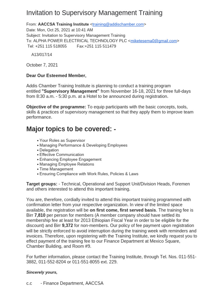 Invitation To Supervisory Management Training 04910 | PDF