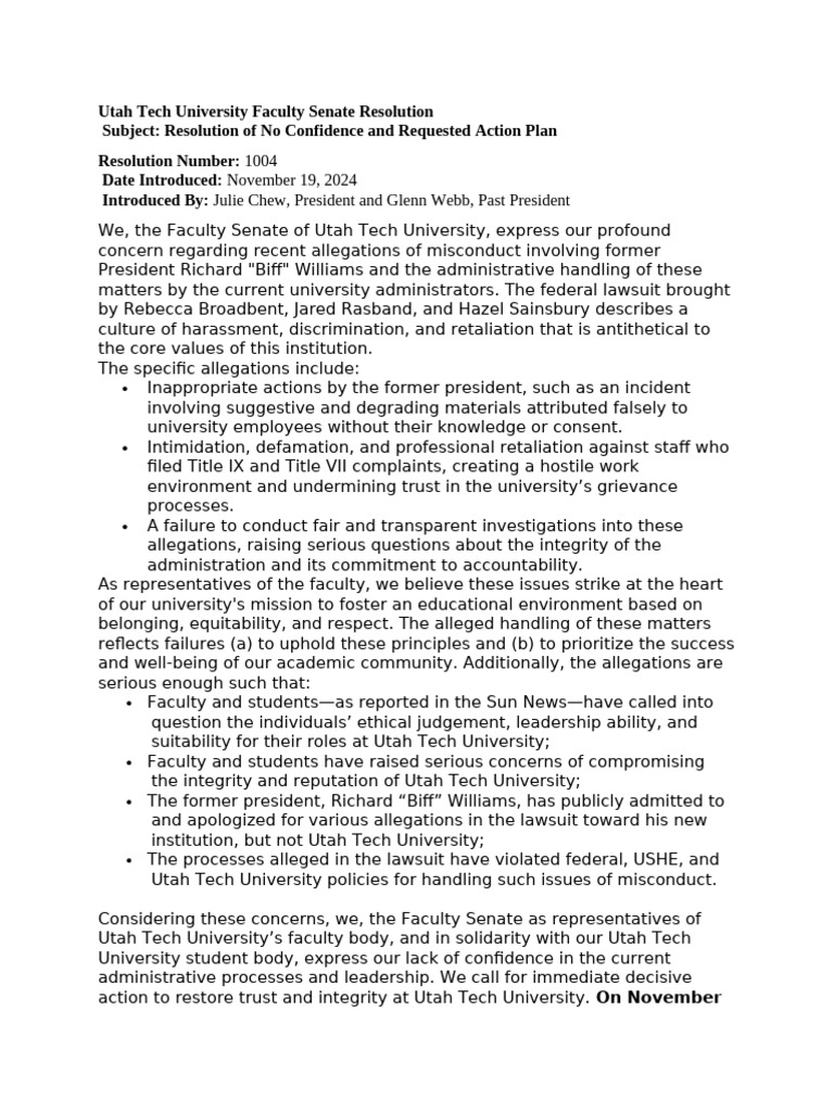 Faculty No Confidence Resolution at Utah Tech | PDF | Title Ix | Justice