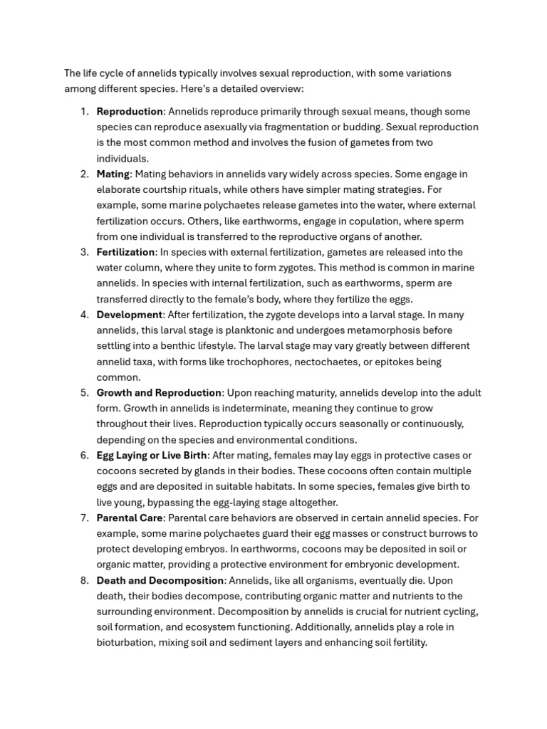 Annelid Reproduction and Life Cycle | PDF | Reproduction | Fertilisation