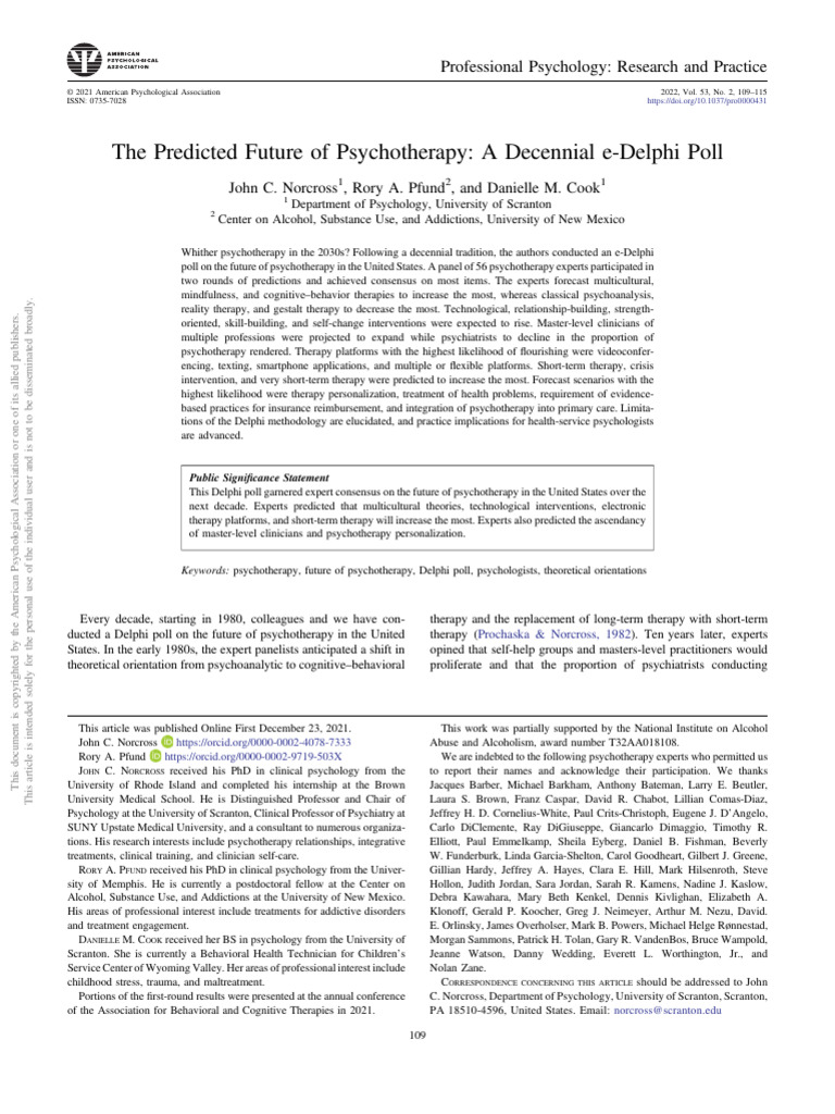 The Predicted Future of Psychotherapy: A Decennial E-Delphi Poll | PDF ...