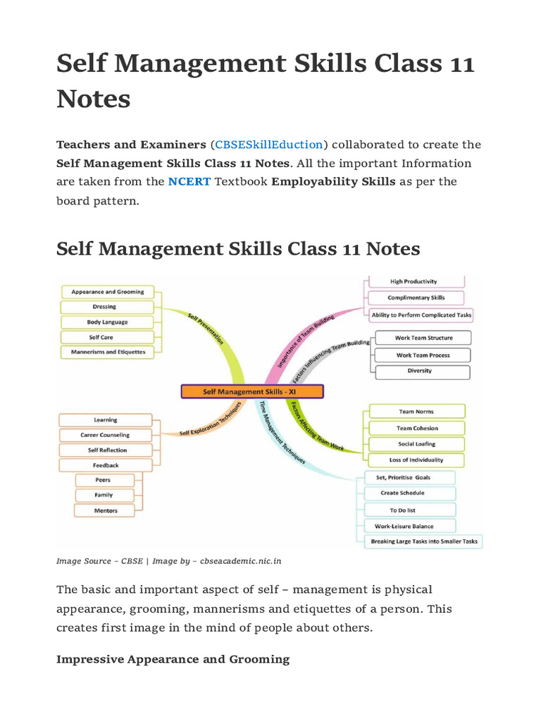 Class 11 Self Management Skills Notes | PDF | Body Language | Mentorship