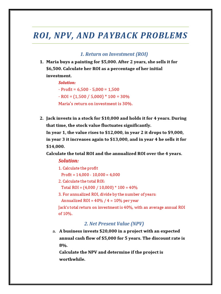 ROI, NPV, and Payback Analysis Examples | PDF | Net Present Value ...
