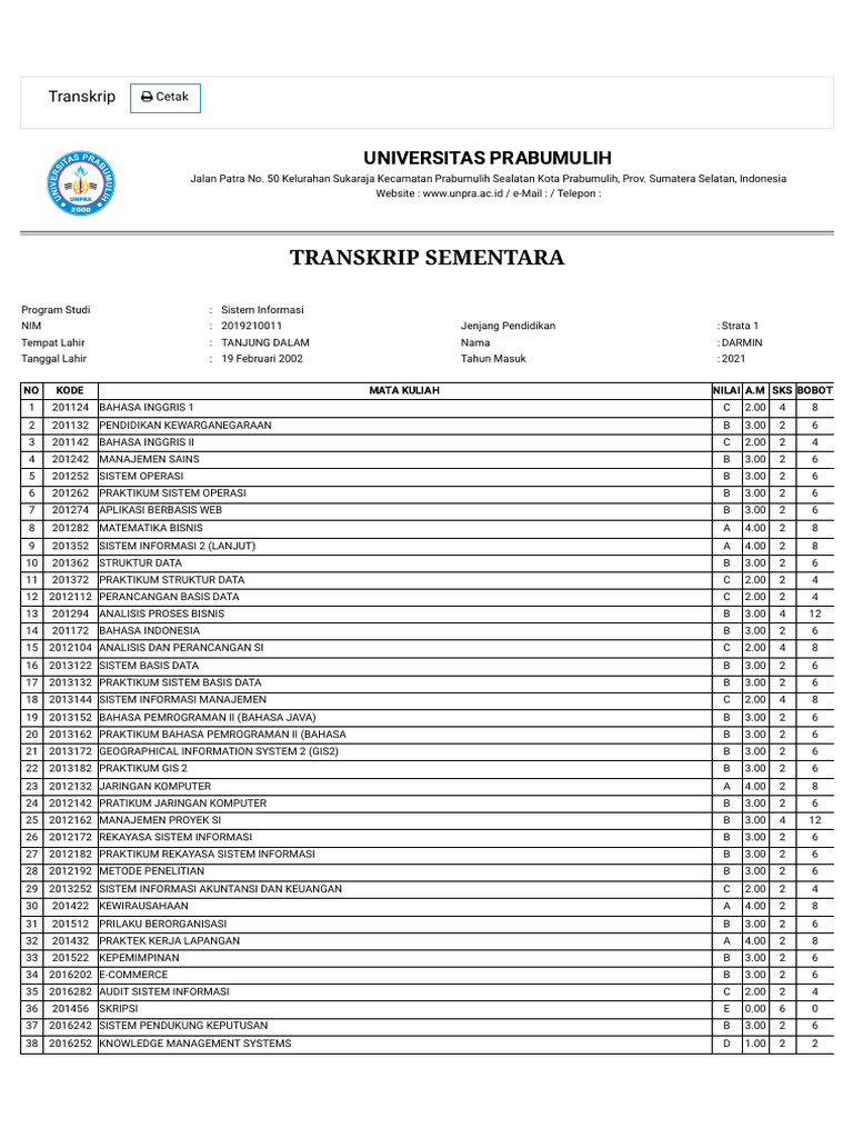 Transkrip Sementara Darmin Unpra | PDF