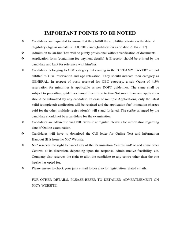 NIC Exam Eligibility and Application Guidelines | PDF
