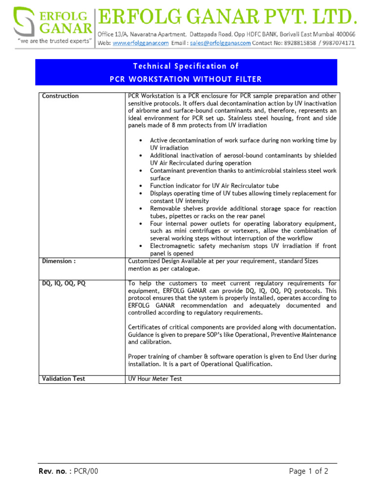 Tech Specification PCR WORK STATION Without Filter PDF