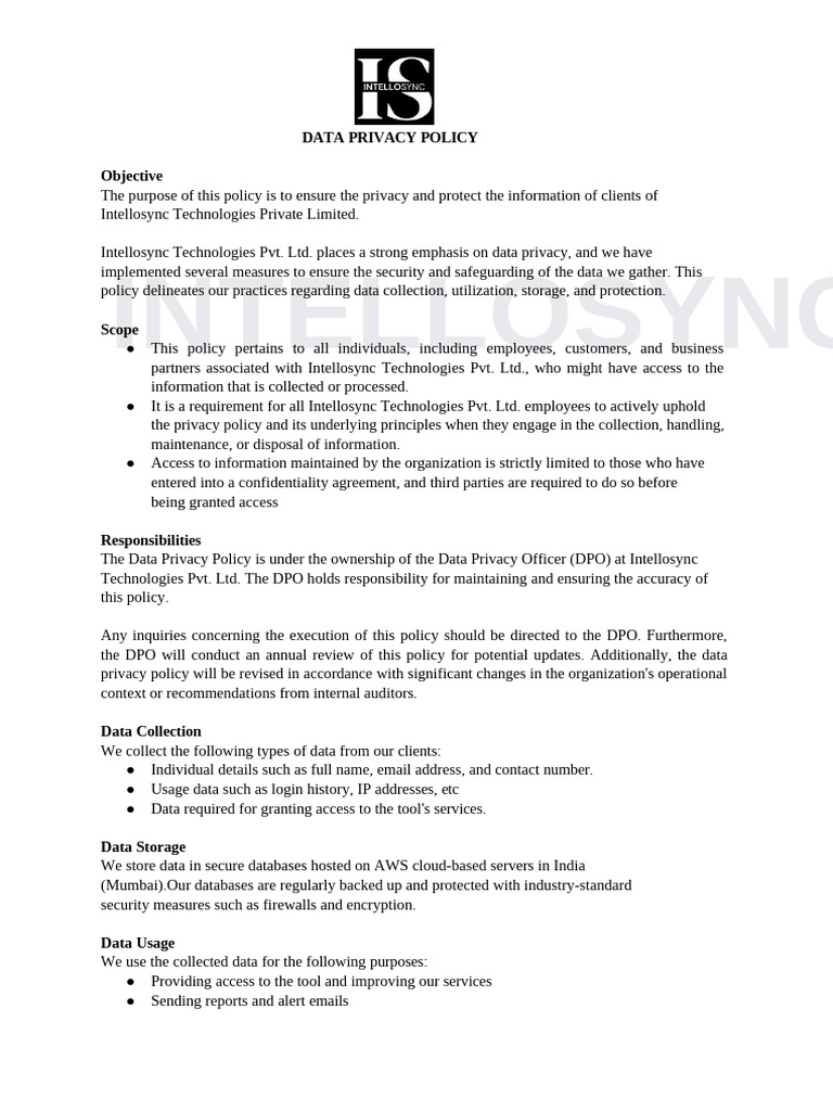 Intellosync Data Privacy Policy Overview | PDF | Computing ...