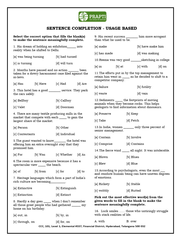 Sentence completion usage based pdf
