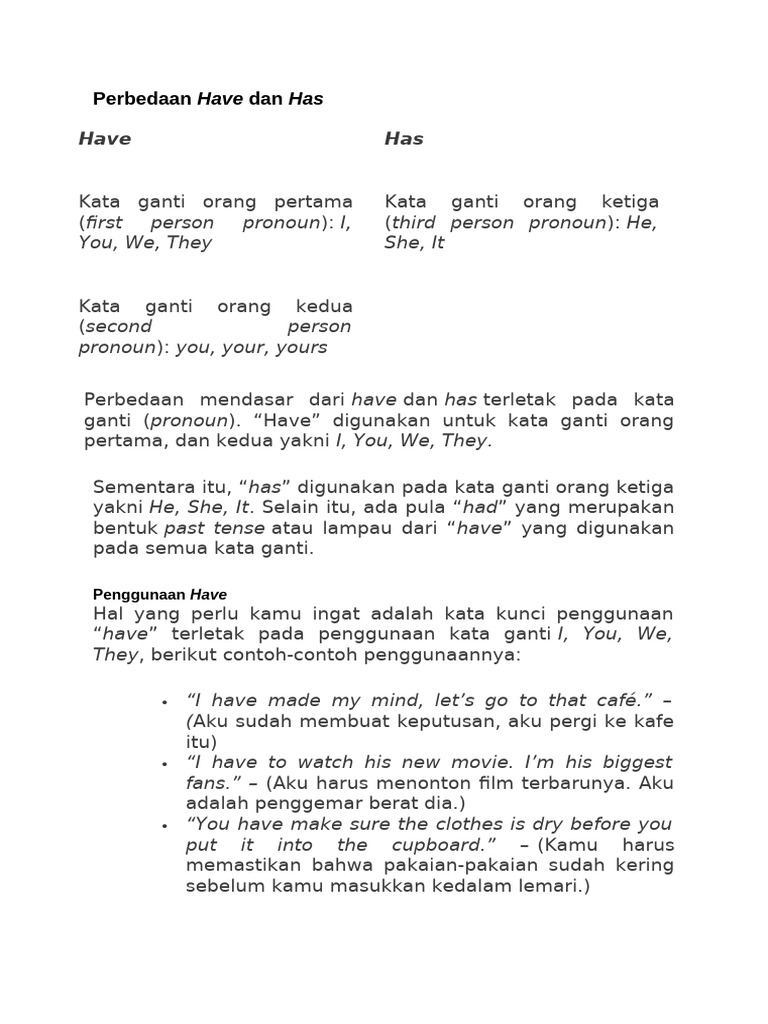 Panduan Penggunaan Have dan Has | PDF | Seni & Disiplin Bahasa
