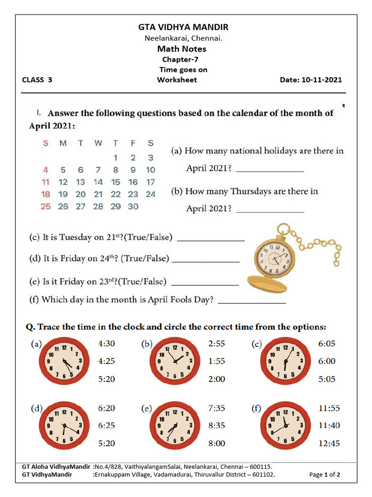 Class 3 Maths: Time Goes On Worksheet | PDF
