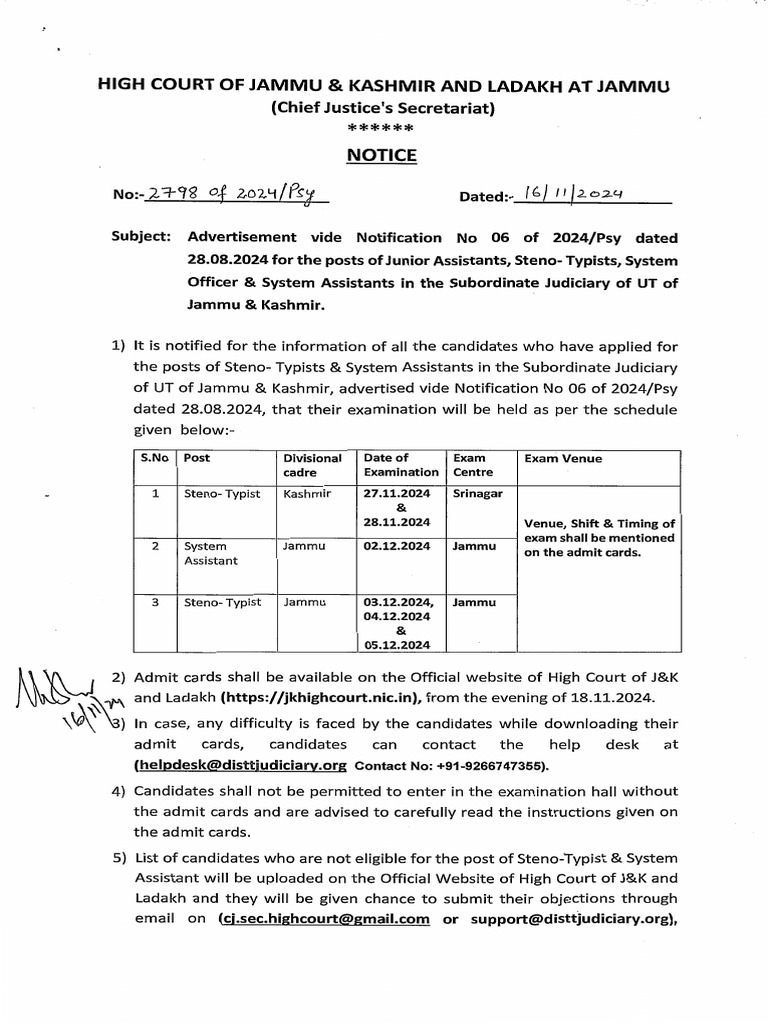 J&K High Court Junior Assistant Exam Notice | PDF
