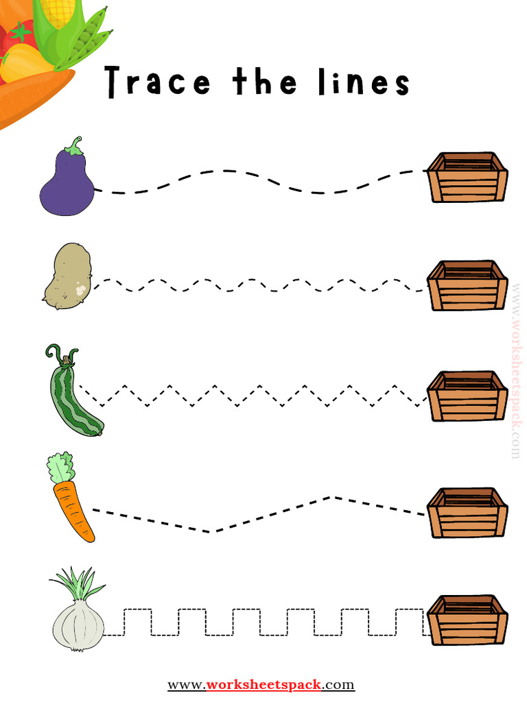Vegetables Tracing Lines Free Worksheet | PDF