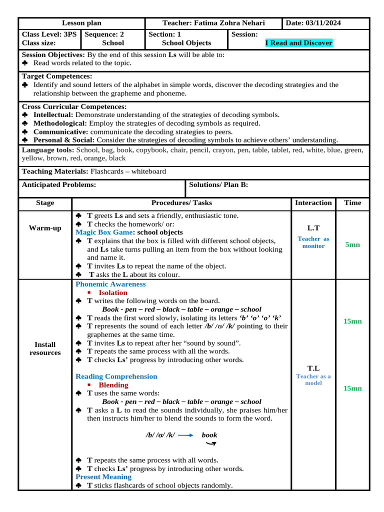 School Objects Lesson Plan for 3PS | PDF | Lesson Plan | Linguistics