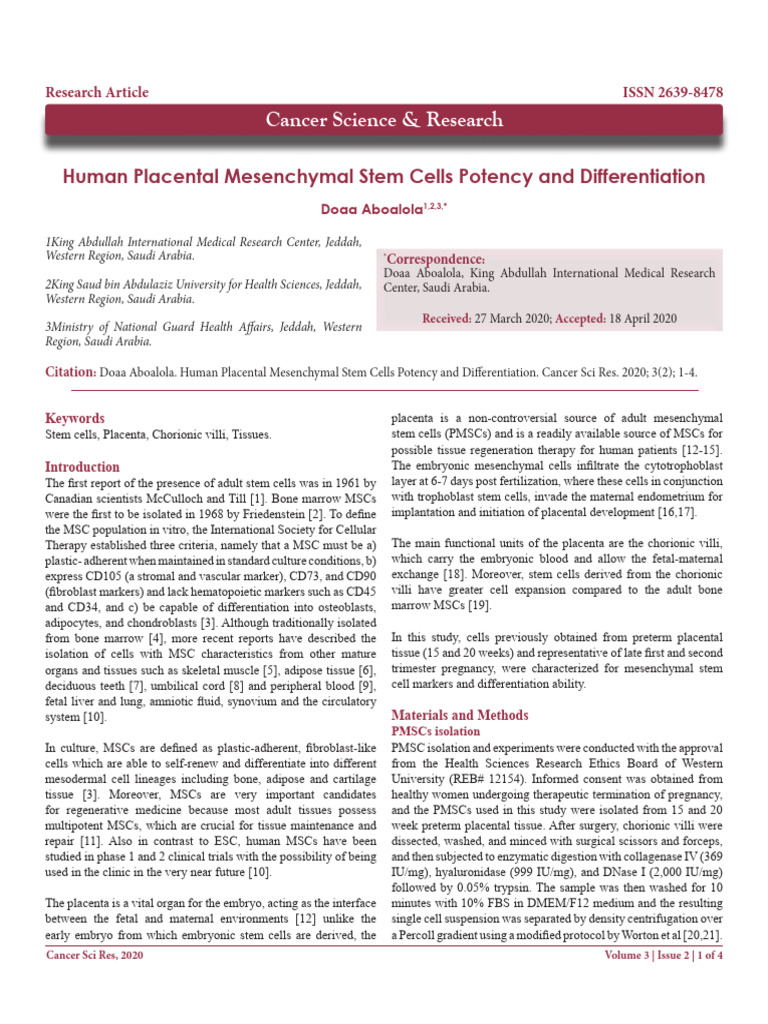 Human Placental Mesenchymal Stem Cells Potency and Differentiation ...