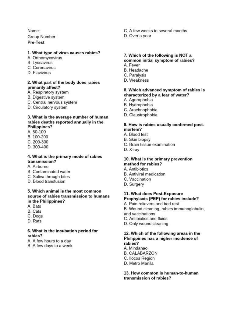 Rabies Quiz: Key Questions & Answers | PDF | Rabies | Medical Specialties