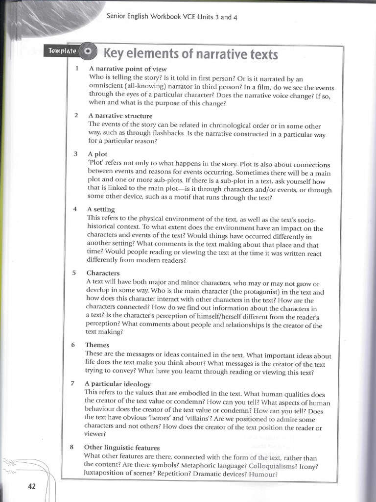 VCE English Narrative Analysis Guide | PDF | Narration | Narrative