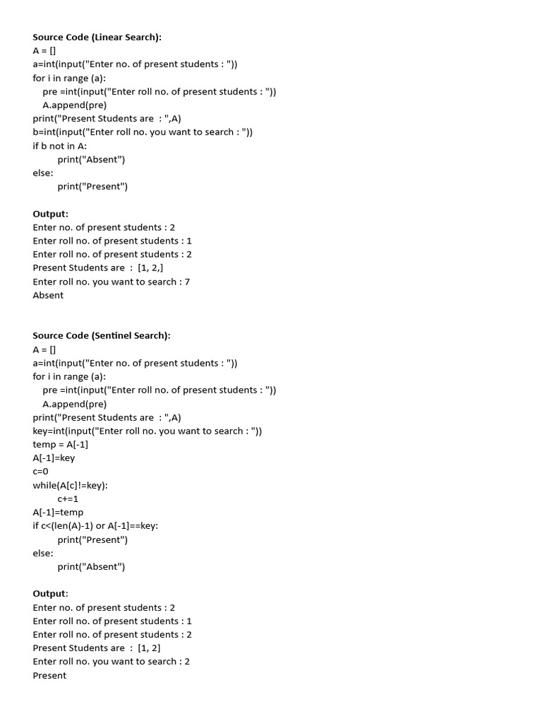 Linear and Sentinel Search Code | PDF