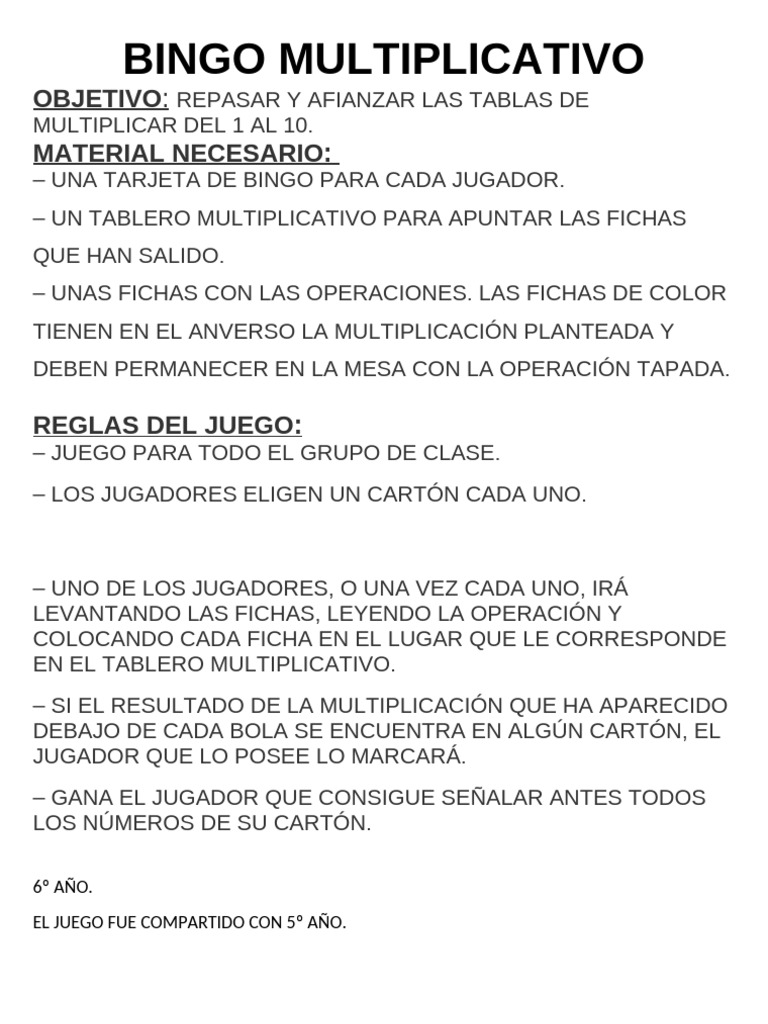 Bingo Multiplicativo | PDF | Deportes y actividades al aire libre ...