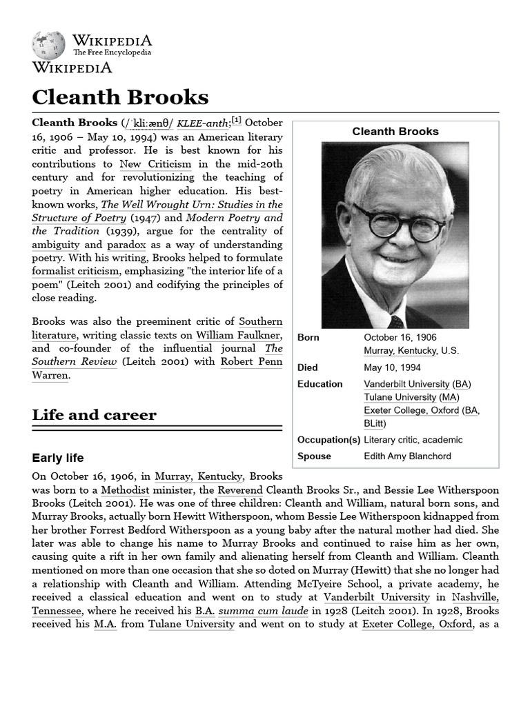 Cleanth Brooks: New Criticism Pioneer | PDF | Classics