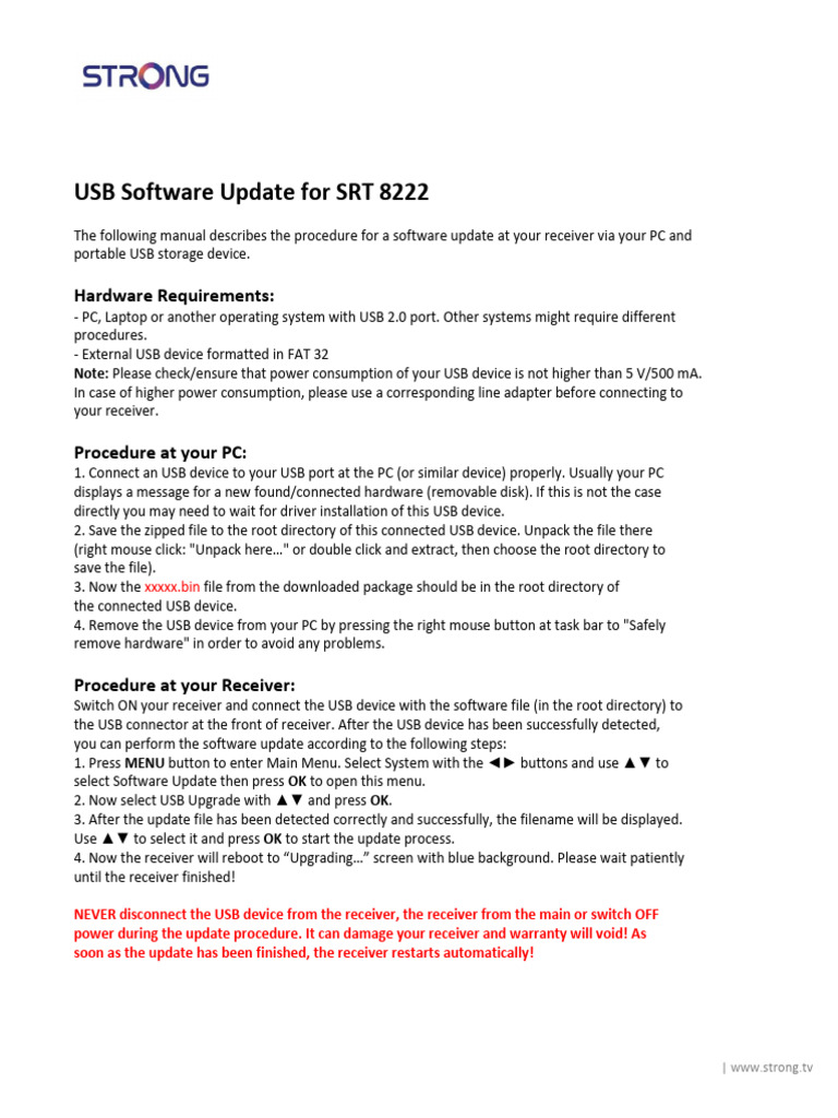 USB Update Guide for SRT 8222 Receiver | PDF