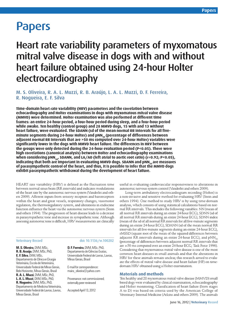 Heart Rate Variability Parameters of Myxomatous Mitral Valve Disease in ...