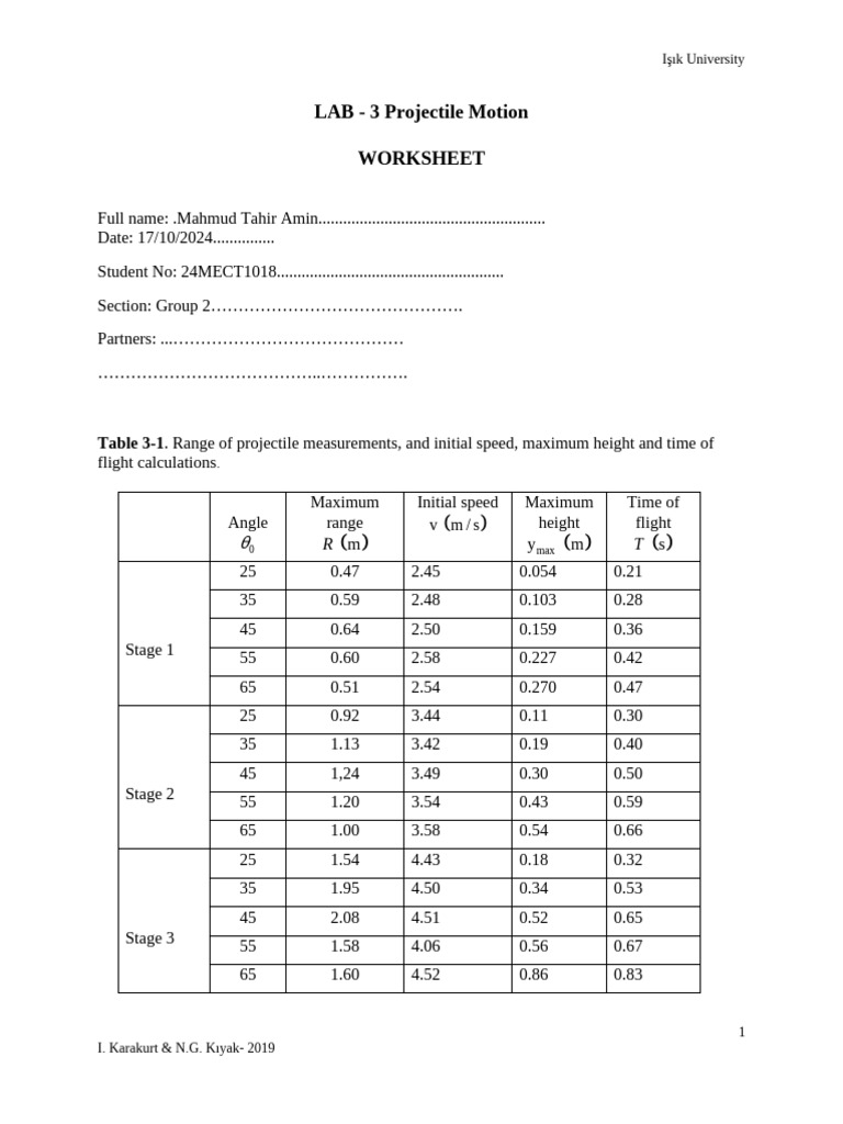 Projectile Motion Experiment Worksheet | PDF | Angle | Projectiles