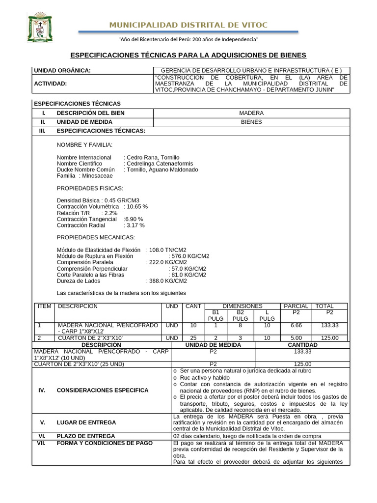 Especificaciones Madera para Construcción Vitoc | PDF