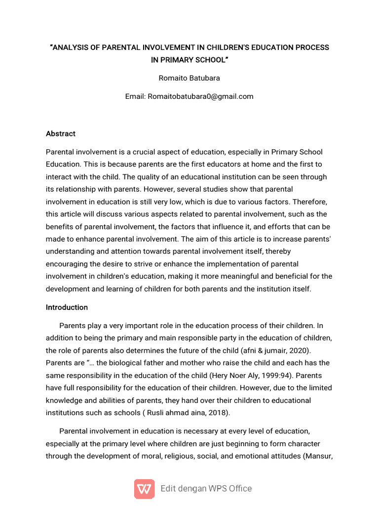 Parental Involvement in Primary Education | PDF | Attitude (Psychology ...