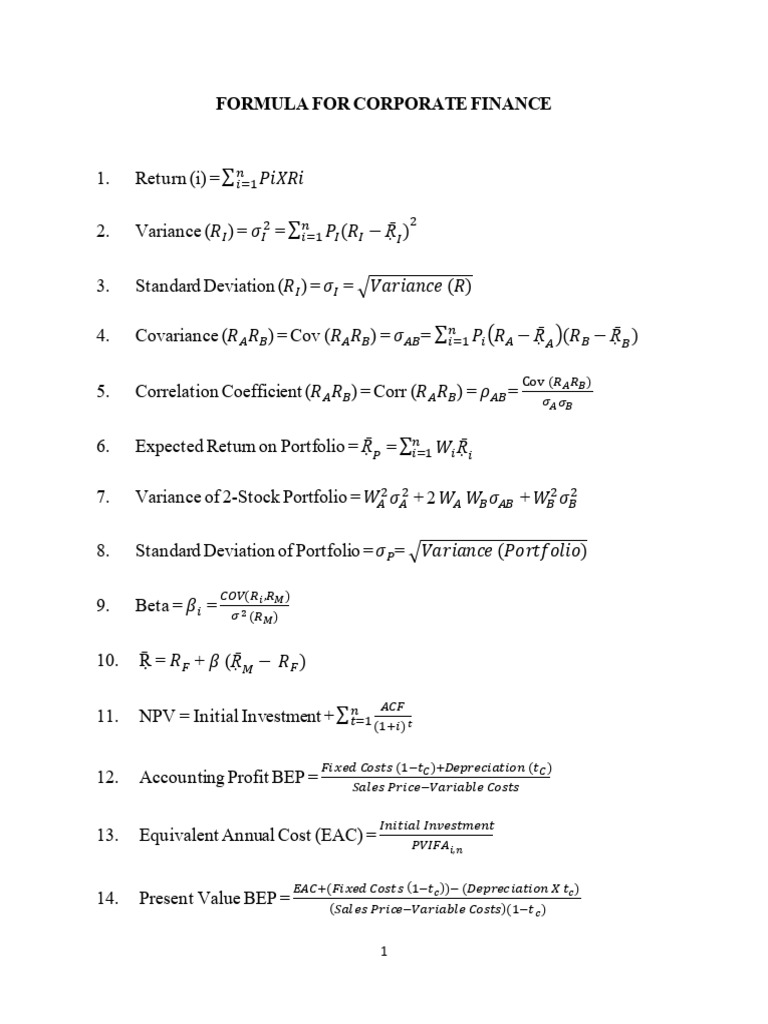 Corporate Finance Formulas Explained | PDF | Finance & Money Management