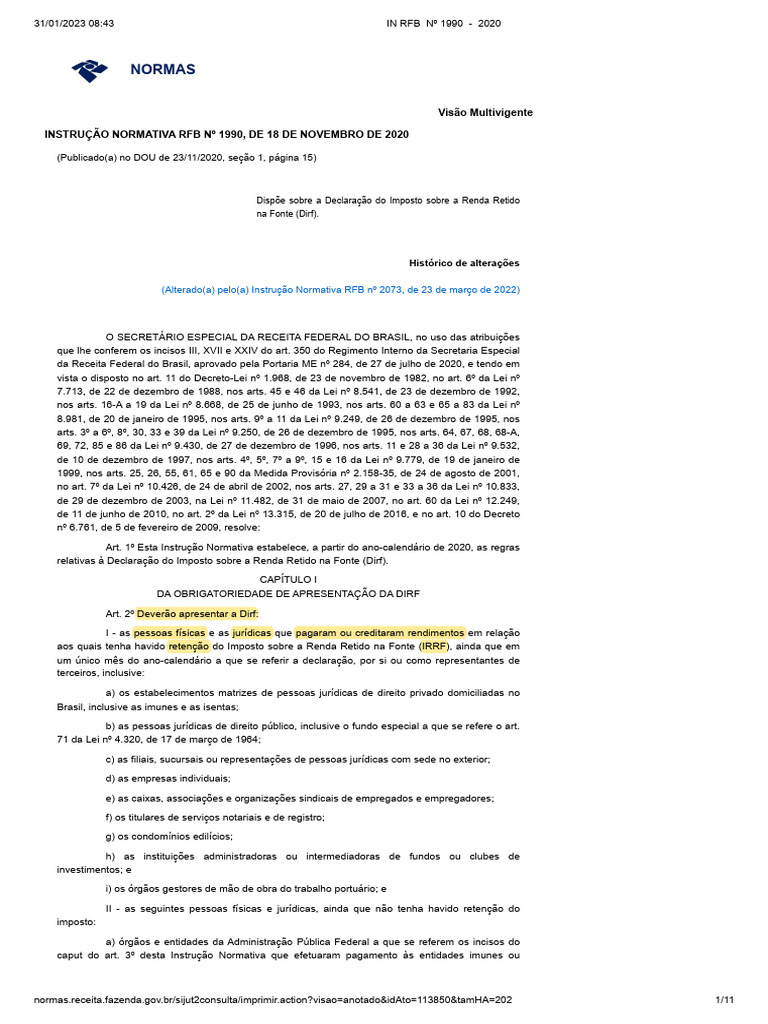Regras da Declaração DIRF 2020 | PDF | Administração pública | Imposto ...