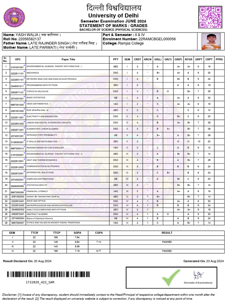 B.Sc. Physical Sciences Marks Statement | PDF | Differential Scanning ...