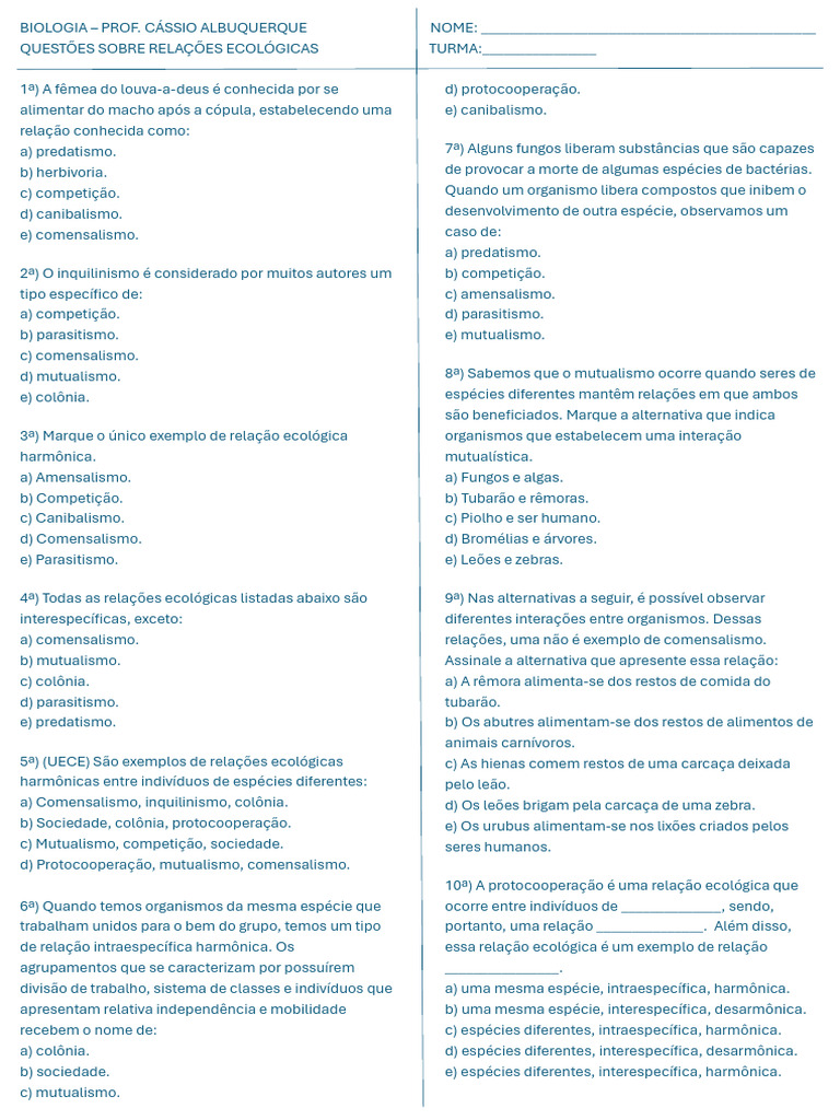 Questões Sobre Relações Ecológicas - 1º Ano | PDF | Interações ...