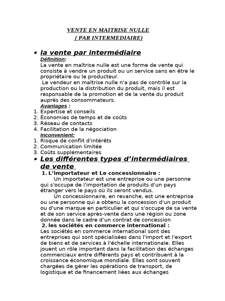 Vente en Maîtrise Nulle par Intermédiaire | PDF | Sodles | Commerce