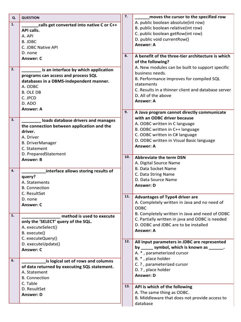 JDBC and SQL Query Basics Quiz | PDF | Databases | Computing