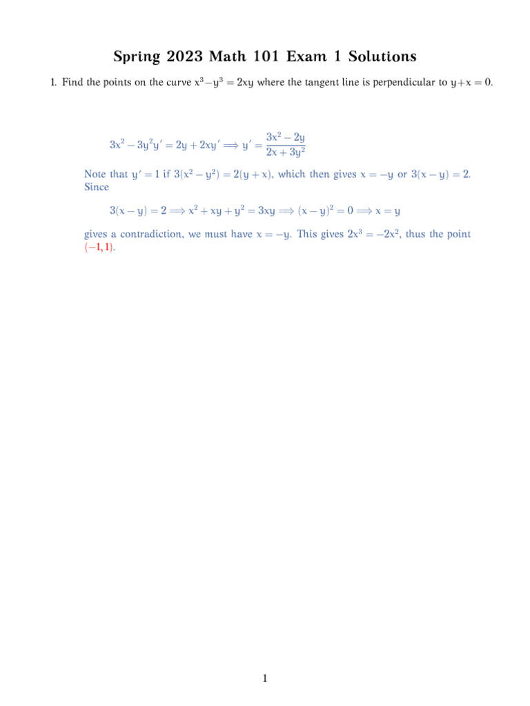 Spring 2023 Math 101 Exam 1 Solutions | PDF | Analytic Geometry ...