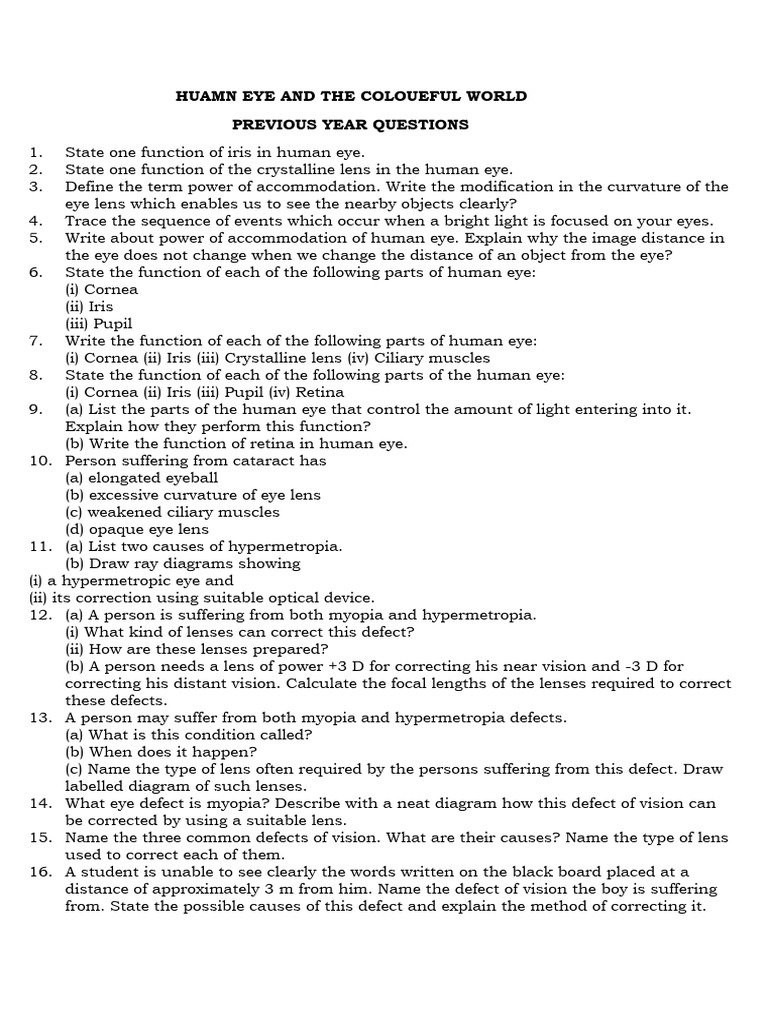 Previous Year Questions: Human Eye | PDF | Human Eye | Sunset