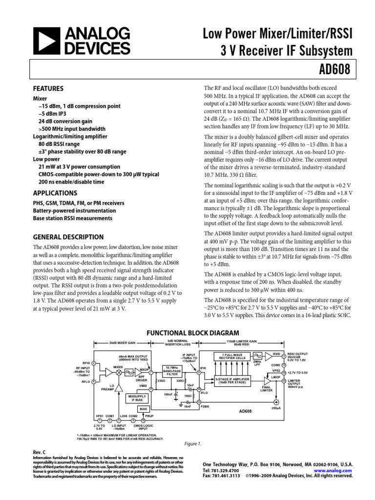 AD608 Low Power Mixer/Limiter/RSSI | PDF | Amplifier | Decibel