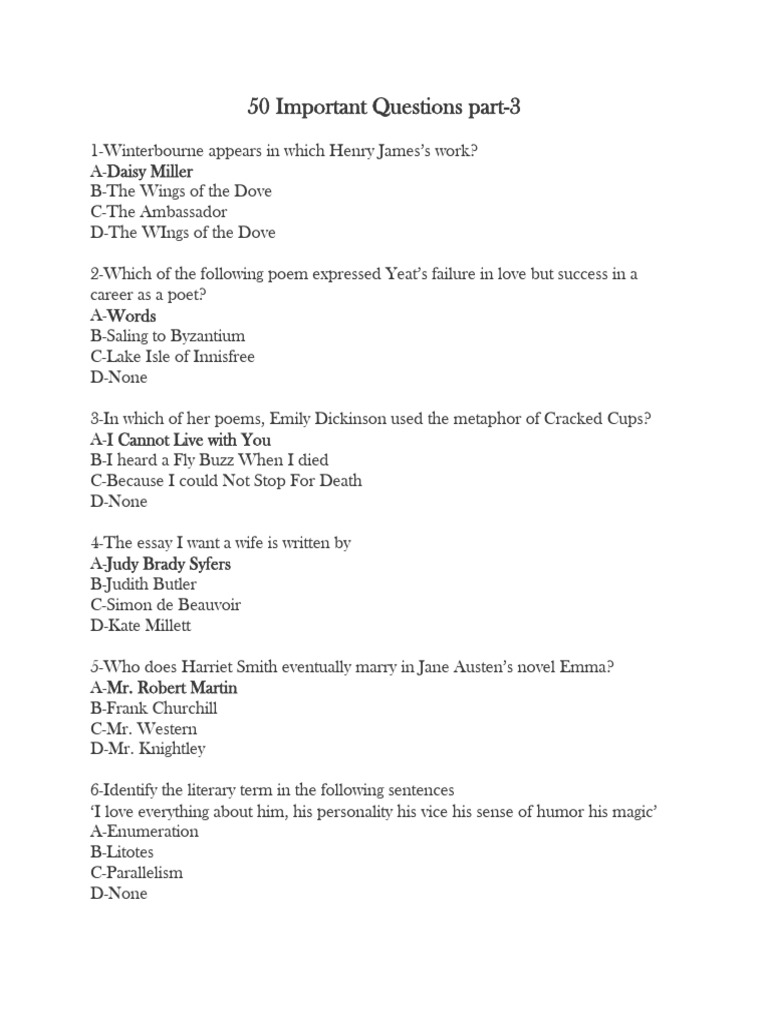 Key Literary Questions and Answers | PDF | Emma (Novel)