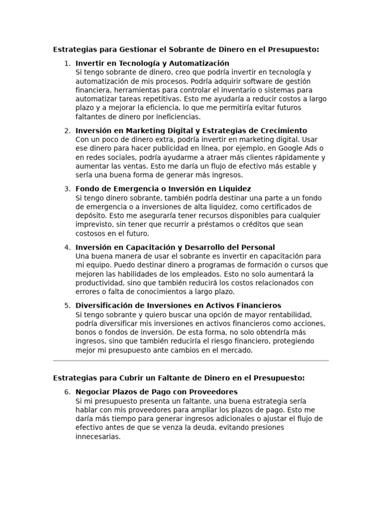 Estrategias para Cubrir Un Sobrante de Dinero en El Presupuesto | PDF ...