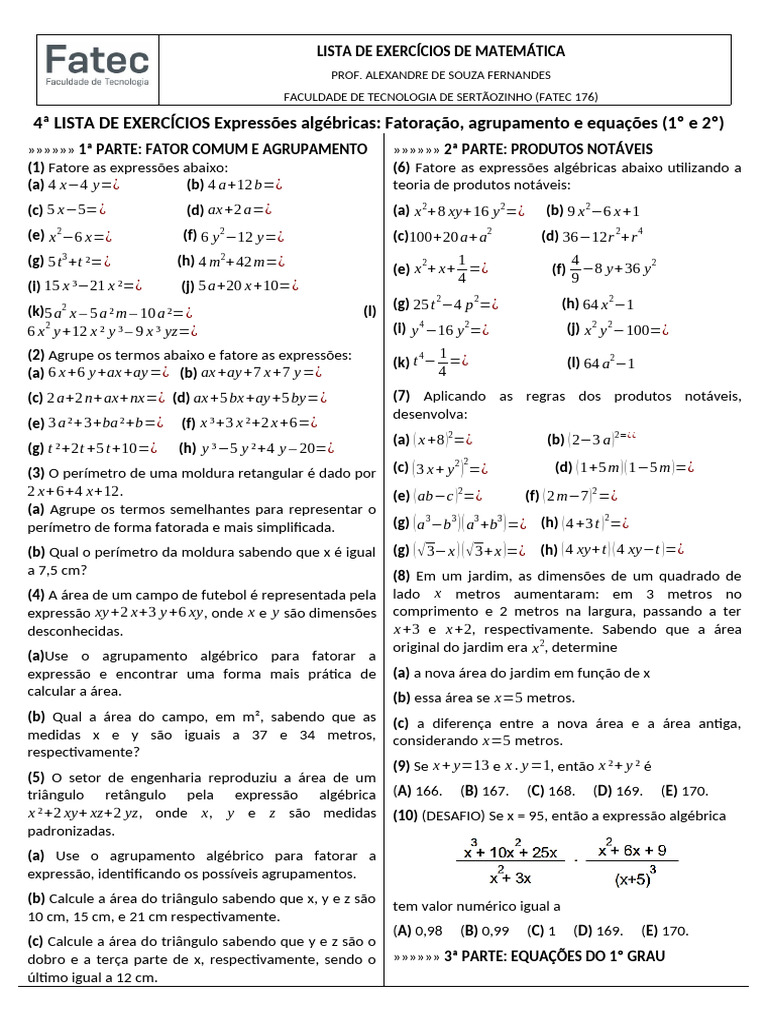 Exercícios de Matemática: Fatoração e Equações | PDF | Equações | Geometria