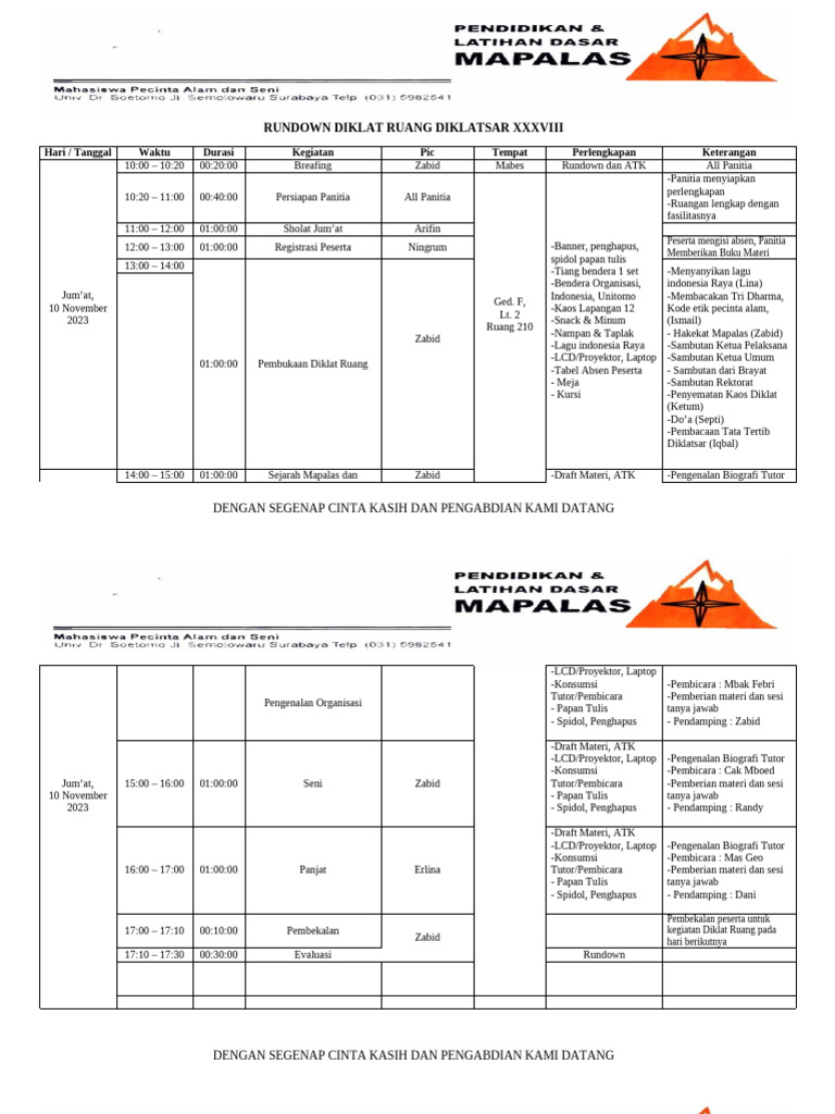 Rundown Diklat Ruang Diklatsar 2023 | PDF