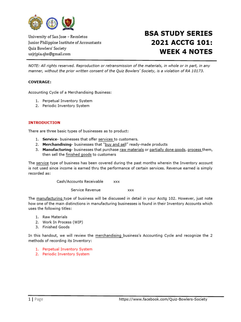 Week 4 Acctg 101 Notes | PDF | Debits And Credits | Cost Of Goods Sold
