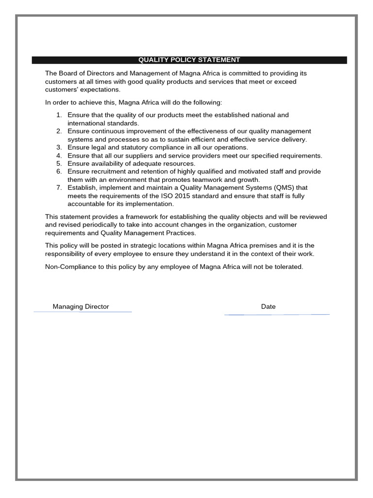Magna Africa Quality Policy Statement | PDF