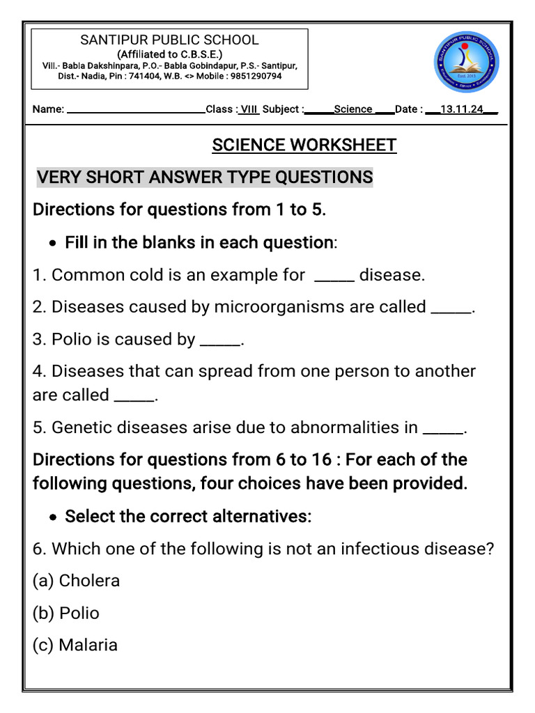 Science Worksheet for Class VIII Students | PDF | Immune System ...